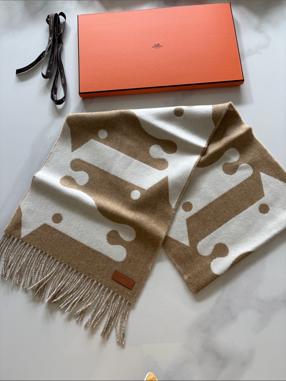 Hermes Beige & White Logo Fringe Scarf